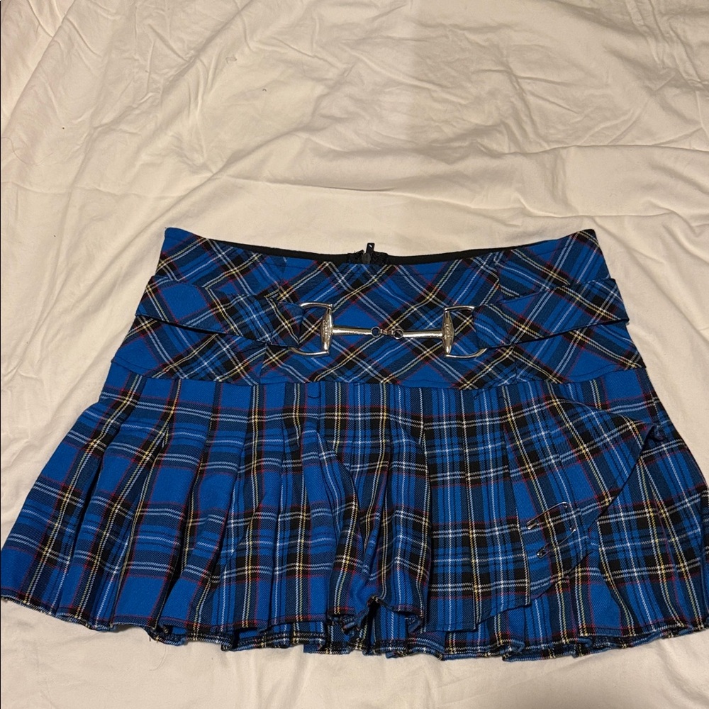 Tripp NYC Blue Plaid Mini Skirt with Buckle
